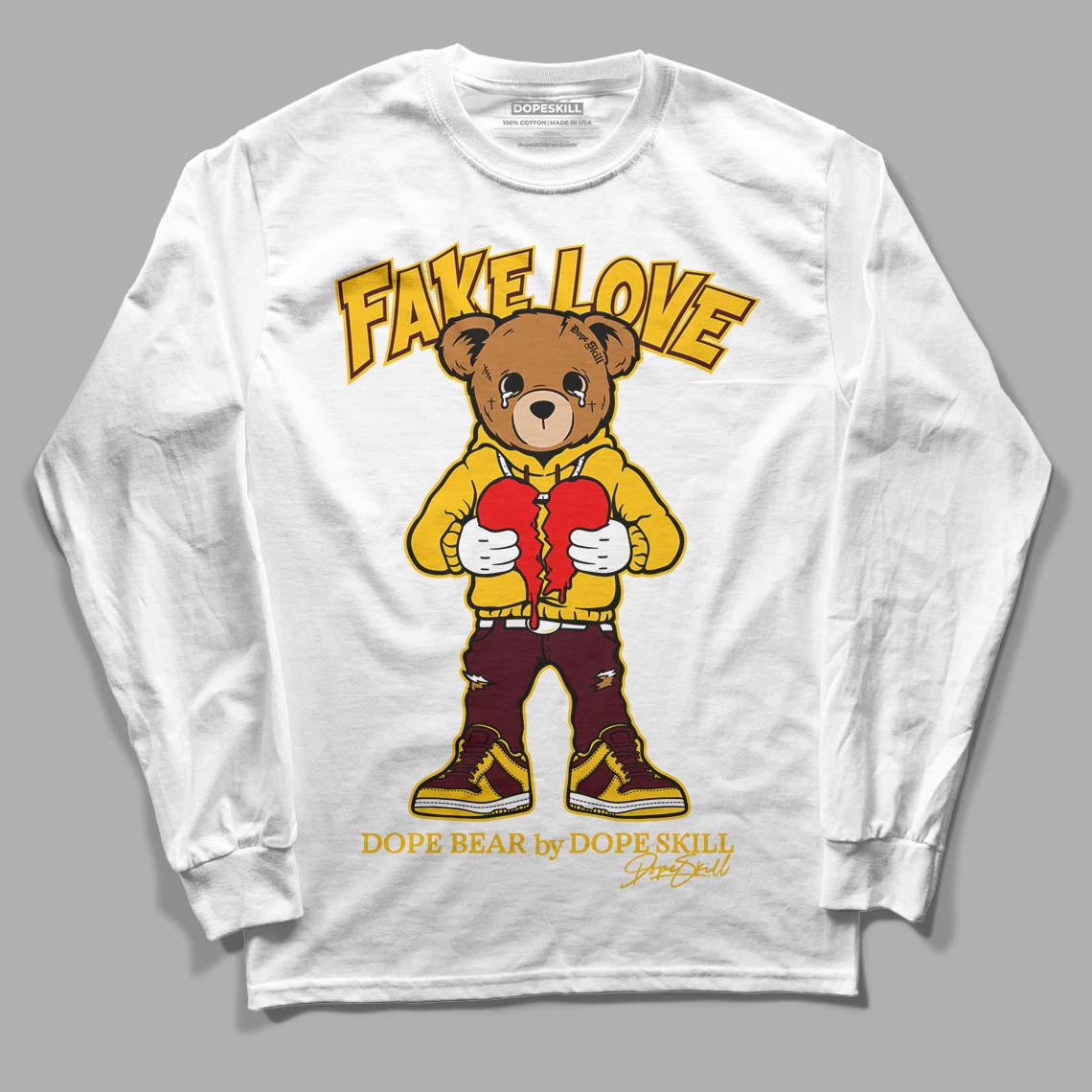 Dunk Yellow Bordeaux DopeSkill Long Sleeve T-Shirt Fake Love Graphic Streetwear - White