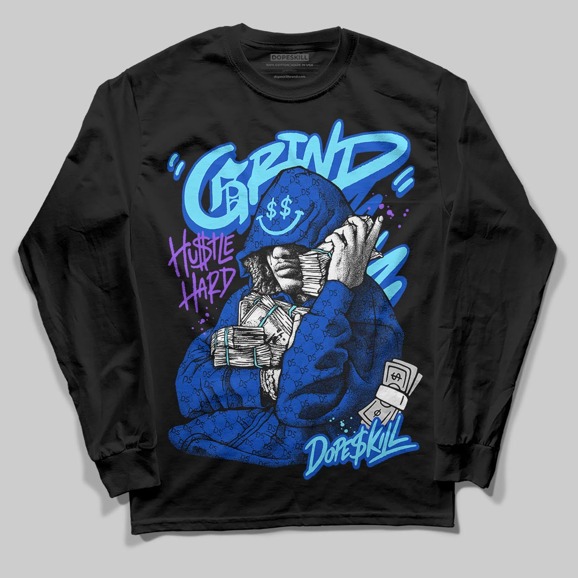 Royal Blue Sneakers DopeSkill Long Sleeve T-Shirt Grind Pray Graphic Streetwear - Black