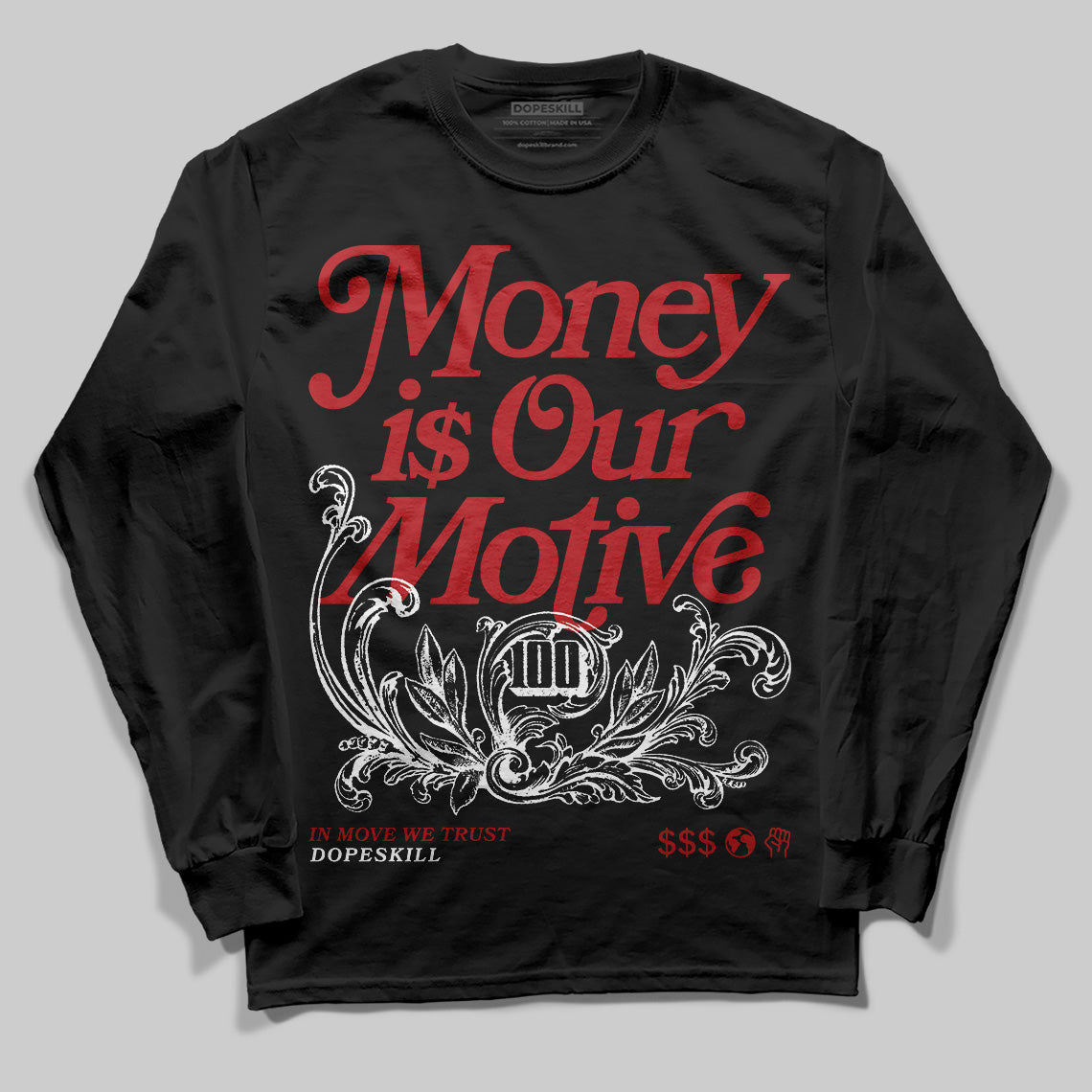 Jordan 12 Retro Flu Game (2025) DopeSkill Long Sleeve T-Shirt Money Is Our Motive Typo Graphic Streetwear - Black