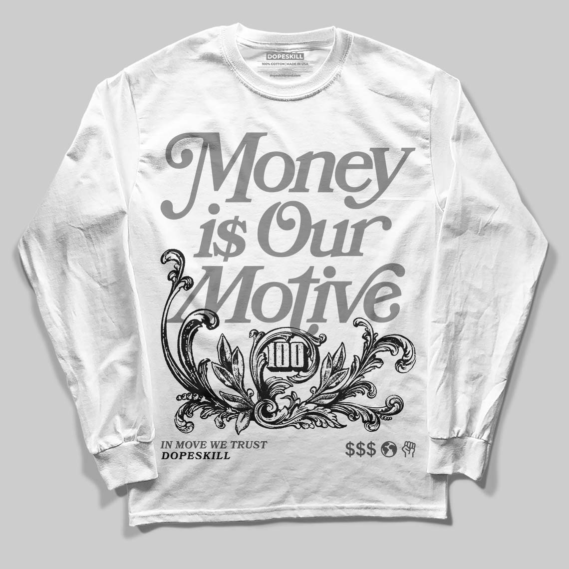 Jordan 10 Retro Shadow (2025) DopeSkill Long Sleeve T-Shirt Money Is Our Motive Typo Graphic Streetwear - White