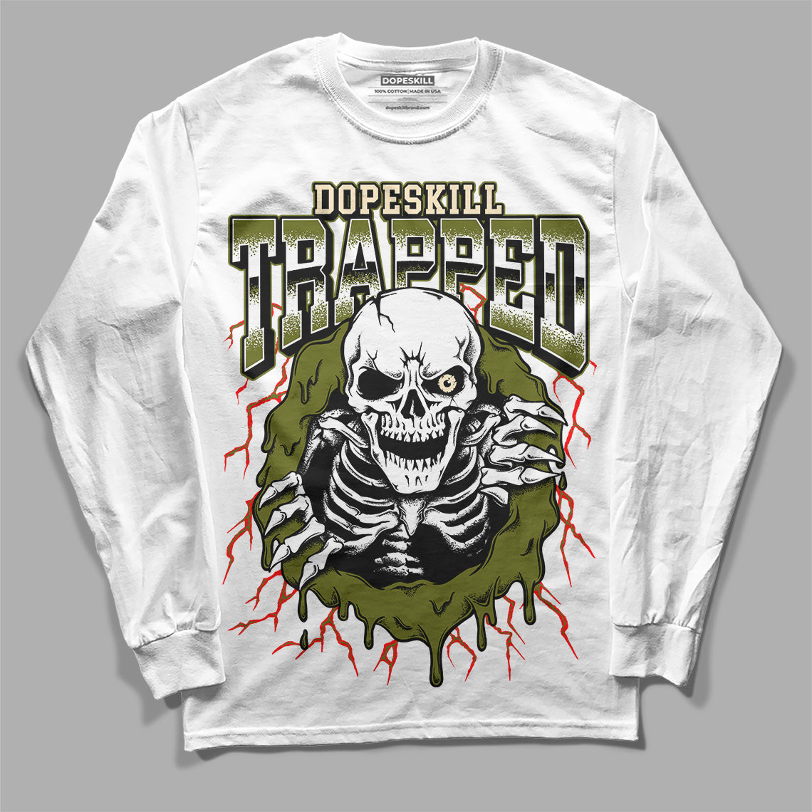 Travis Scott x Jordan 1 Low OG “Olive” DopeSkill Long Sleeve T-Shirt Trapped Halloween Graphic Streetwear - White