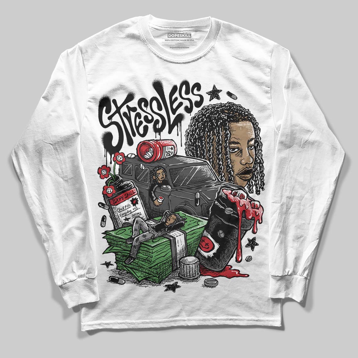 Jordan 4 “Black Cat” (2025) DopeSkill Long Sleeve T-Shirt Stressless Graphic Streetwear - White