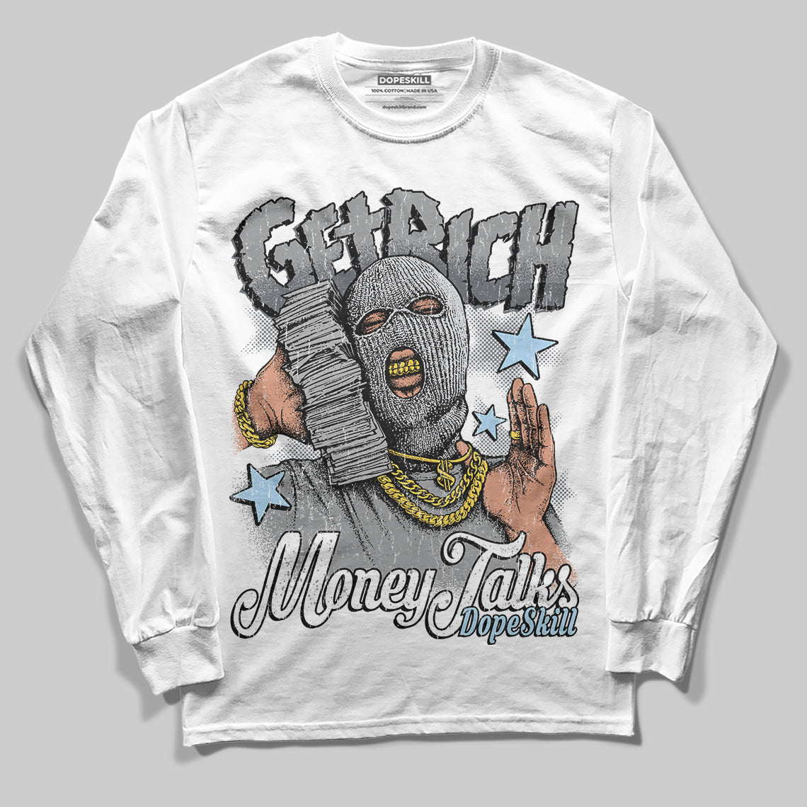 Jordan 5 Retro Wolf Grey (2026) DopeSkill Long Sleeve T-Shirt Get Rich Graphic Streetwear - White
