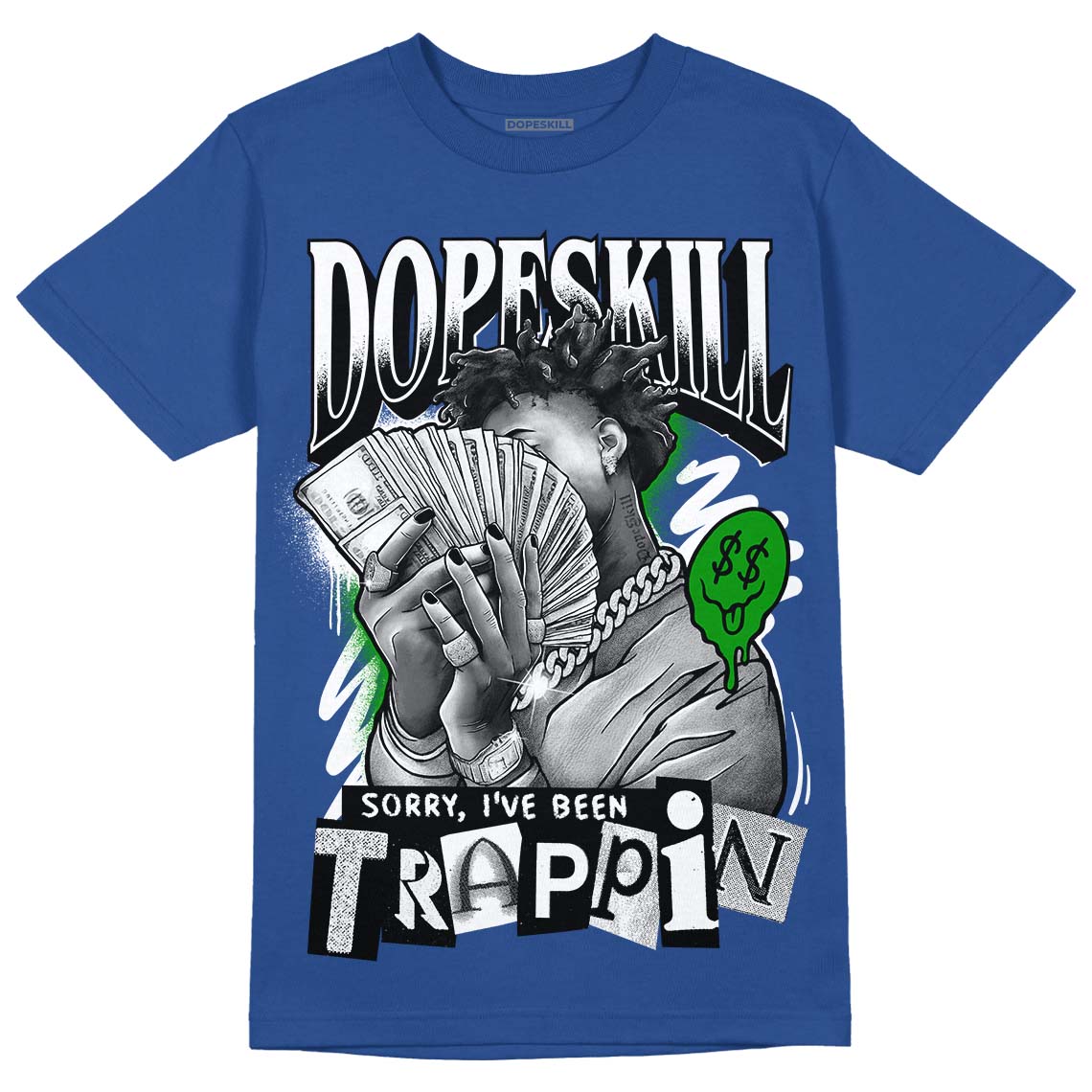 Jordan 13 Brave Blue DopeSkill Navy T-Shirt Sorry I've Been Trappin Graphic Streetwear