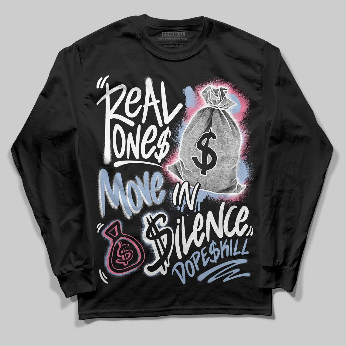 Jordan 3 GS “Denim/Pink Glow” DopeSkill Long Sleeve T-Shirt Real Ones Move In Silence Graphic Streetwear - Black