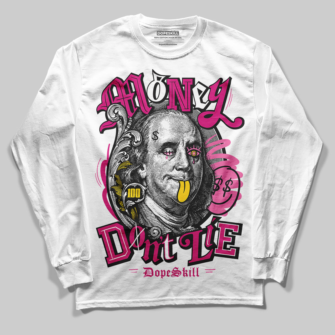 Rick Owens Pink Leather Low Sneakers DopeSkill Long Sleeve T-Shirt Money Don't Lie Graphic Streetwear - White