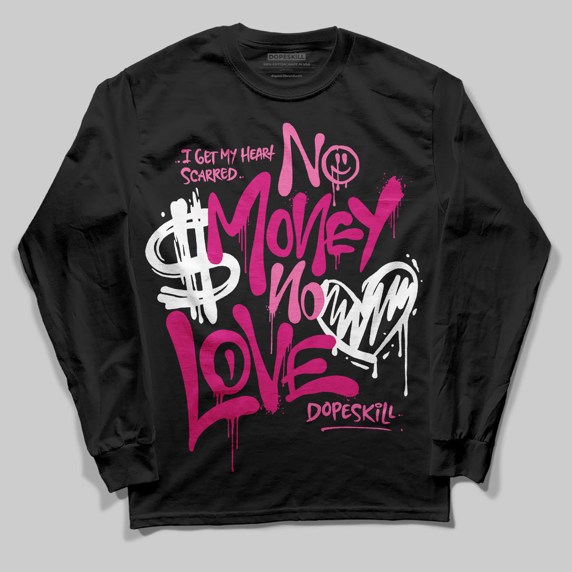 Rick Owens Pink Leather Low Sneakers DopeSkill Long Sleeve T-Shirt No Money No Love Typo Graphic Streetwear - Black