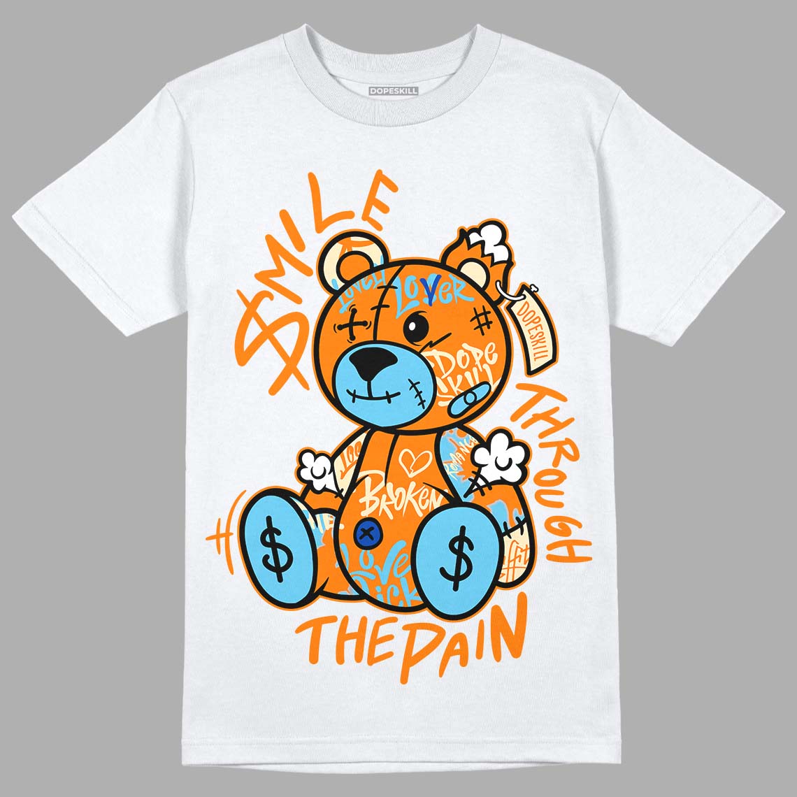 Dunk High 1985 SP Orange Acid Wash DopeSkill T-Shirt Smile Through The Pain Graphic Streetwear - White