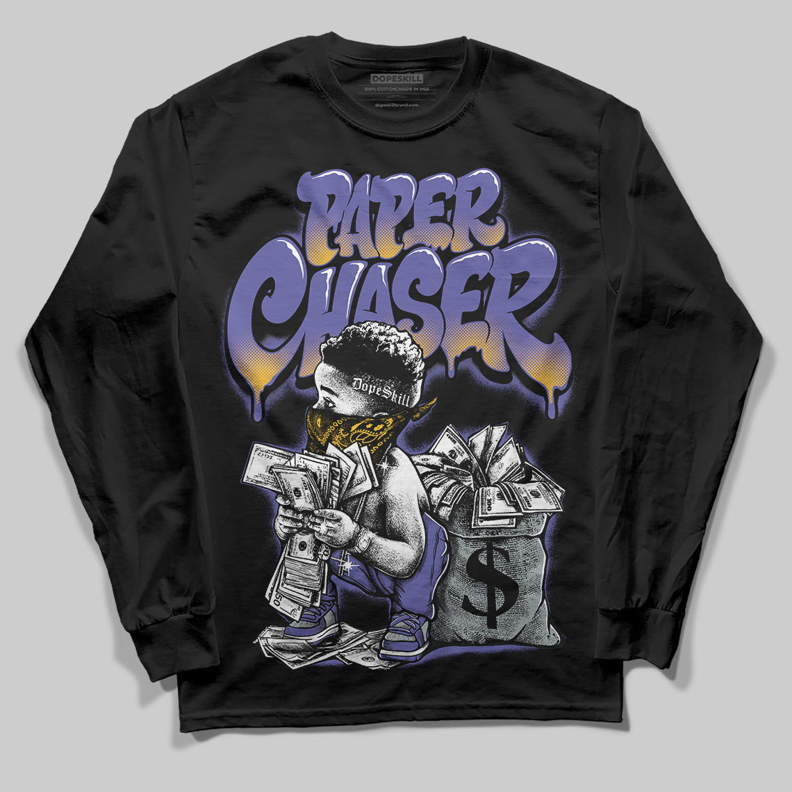 Jordan 4 Retro Lakers DopeSkill Long Sleeve T-Shirt Paper Chaser Boy Graphic Streetwear - Black