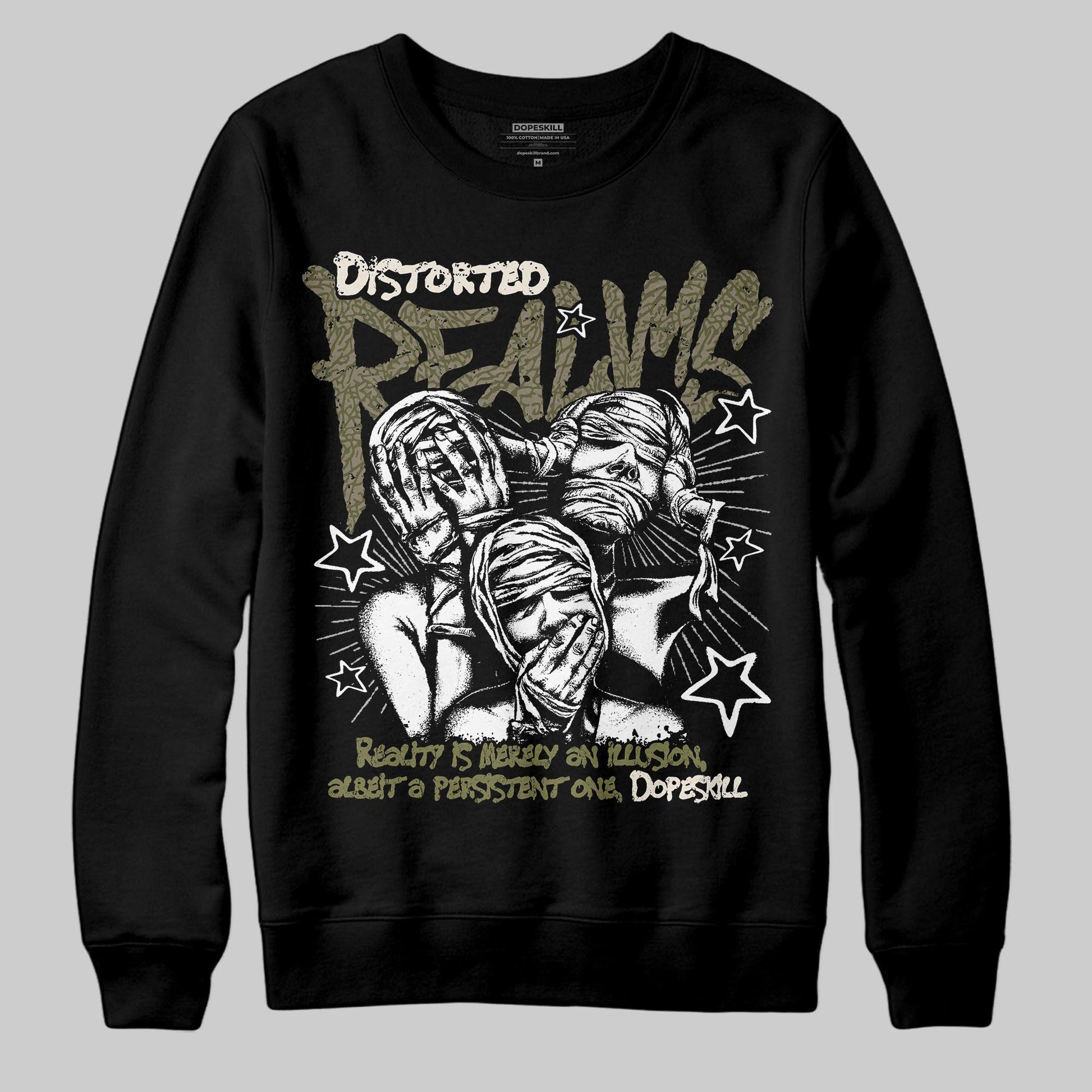Jordan 3 “Medium Olive” aka “Family Affair” DopeSkill Sweatshirt Distorted Realms Graphic Streetwear - Black