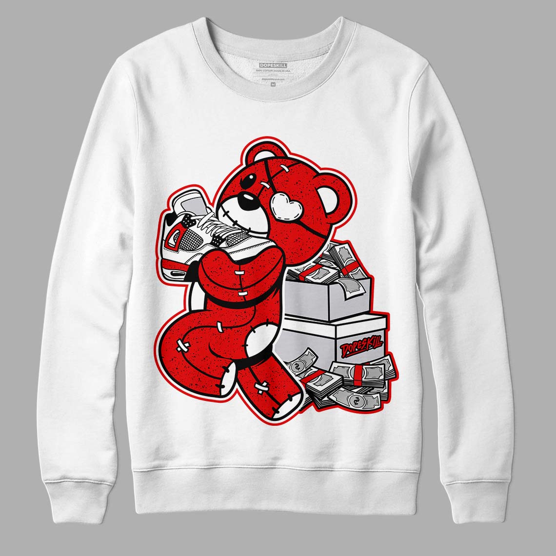 Jordan 4 Retro Red Cement DopeSkill Sweatshirt Bear Steals Sneaker Graphic Streetwear - White 