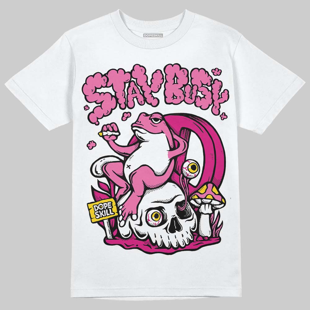 Rick Owens Pink Leather Low Sneakers DopeSkill T-Shirt Stay Busy Graphic Streetwear - White