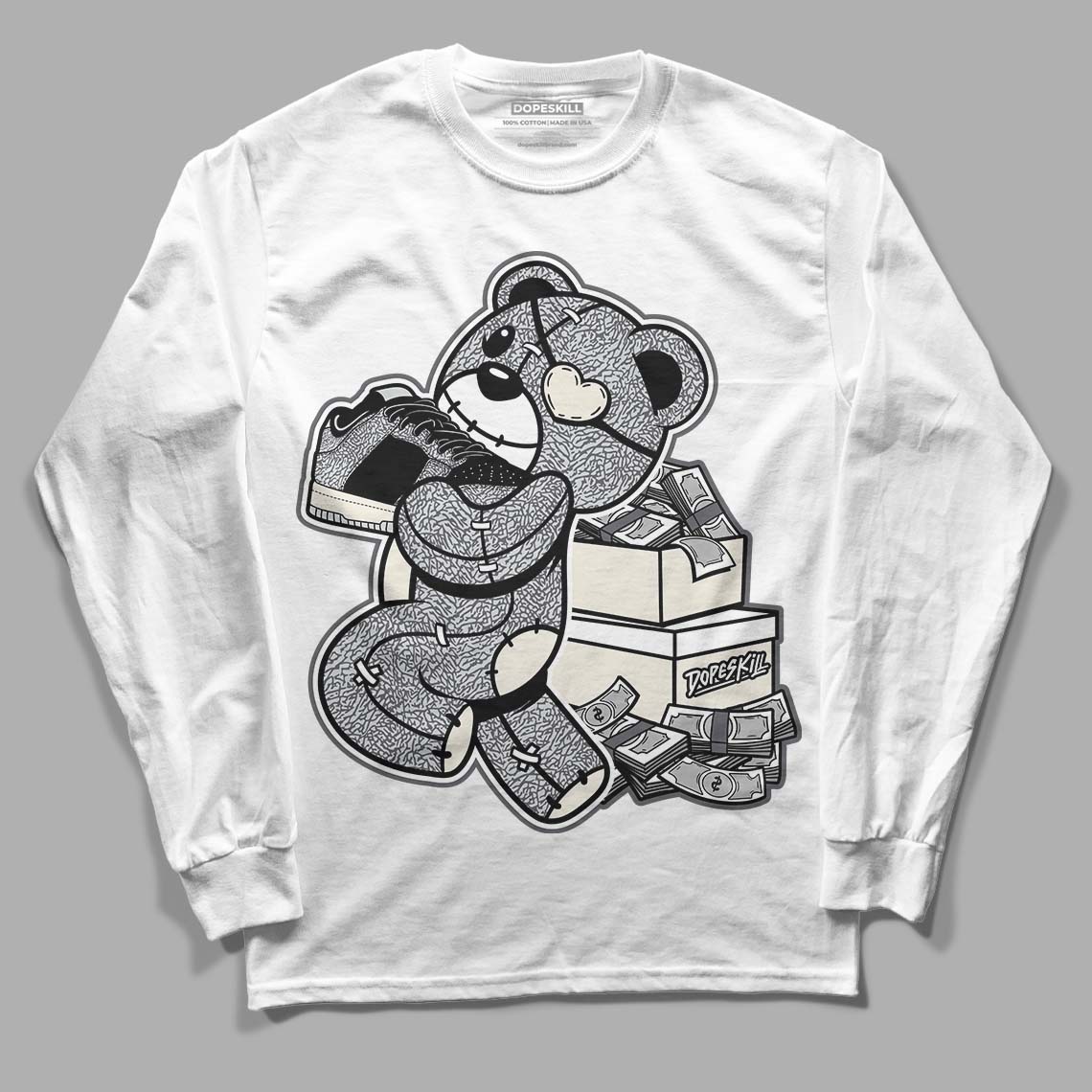 Jordan 1 Retro Low OG Black Cement DopeSkill Long Sleeve T-Shirt Bear Steals Sneaker Graphic Streetwear - White 