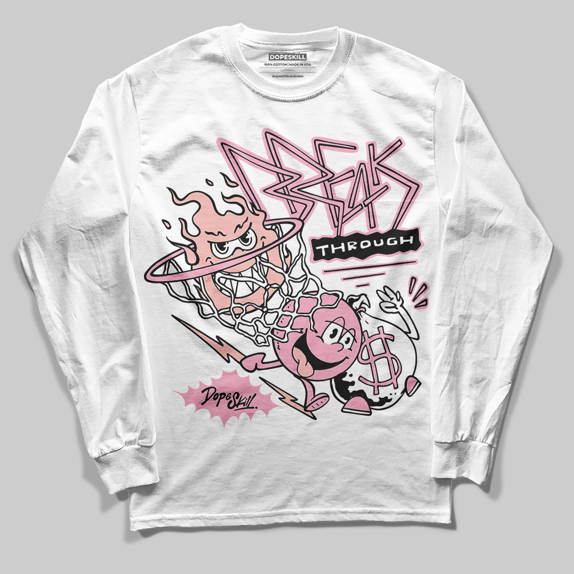 AMIRI White & Pink Stars Court Sneakers DopeSkill Long Sleeve T-Shirt Break Through Graphic Streetwear - White