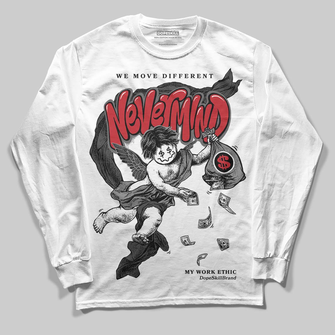 Jordan 4 “Black Cat” (2025) DopeSkill Long Sleeve T-Shirt Nevermind Graphic Streetwear - White 