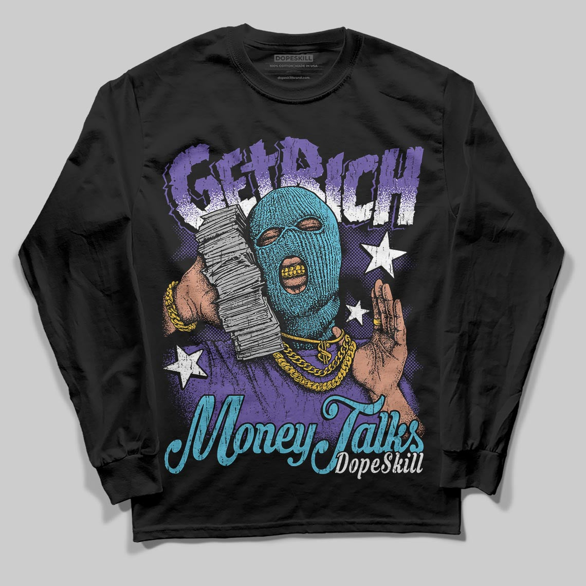Jordan 8 Retro 'Aqua' 2025 DopeSkill Long Sleeve T-Shirt Get Rich Graphic Streetwear - Black