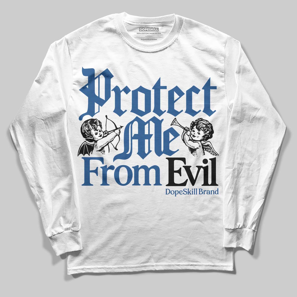 Jordan 1 Low OG “Storm Blue” DopeSkill Long Sleeve T-Shirt Protect Me From Evil Graphic Streetwear - White
