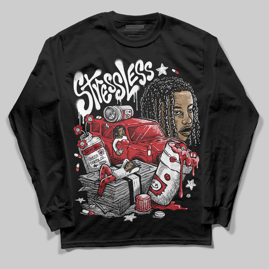 Jordan 11 Retro Low Bred (2025) DopeSkill Long Sleeve T-Shirt Stressless Graphic Streetwear - Black