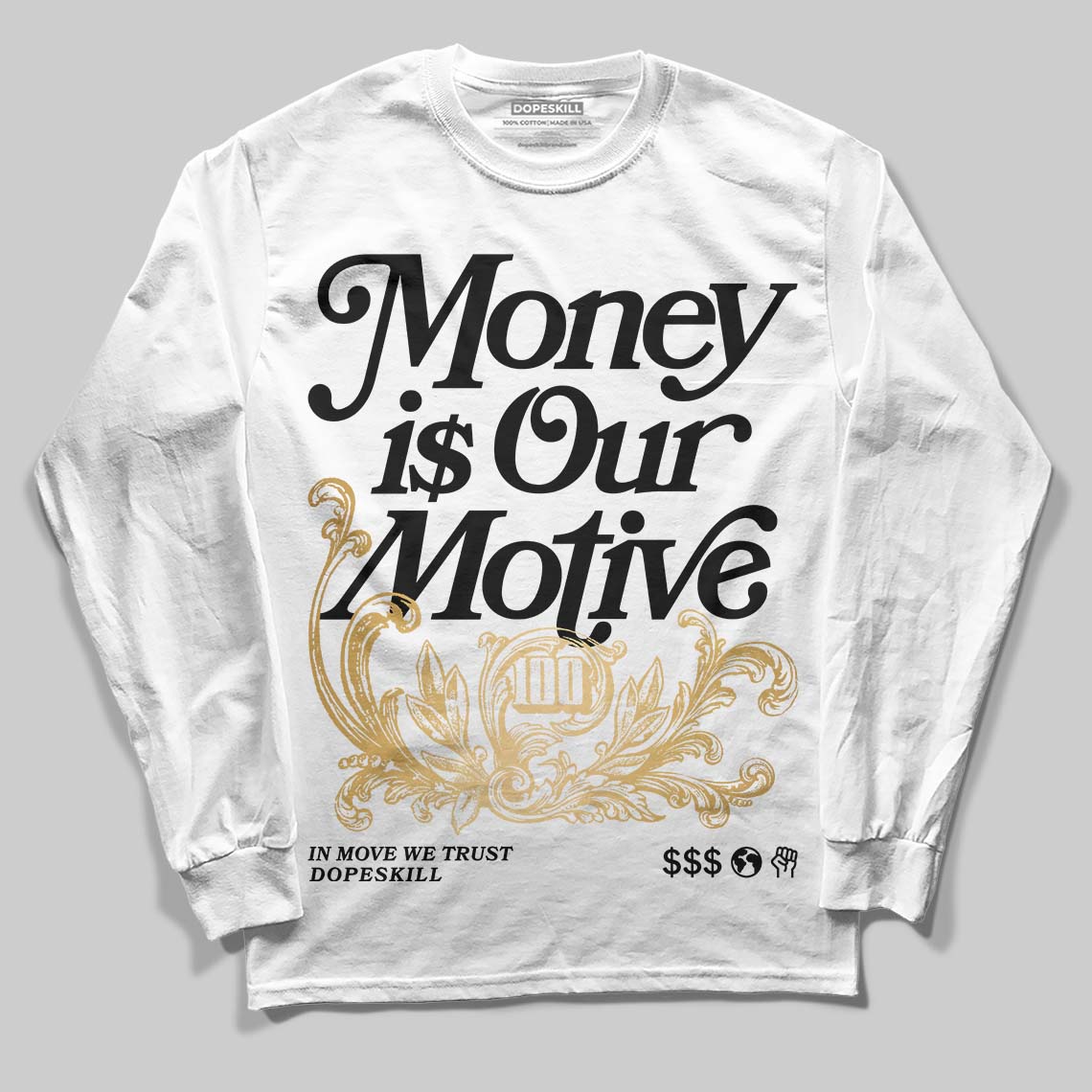 Jordan 12 Retro 'Taxi' 2025 DopeSkill Long Sleeve T-Shirt Money Is Our Motive Typo Graphic Streetwear - White