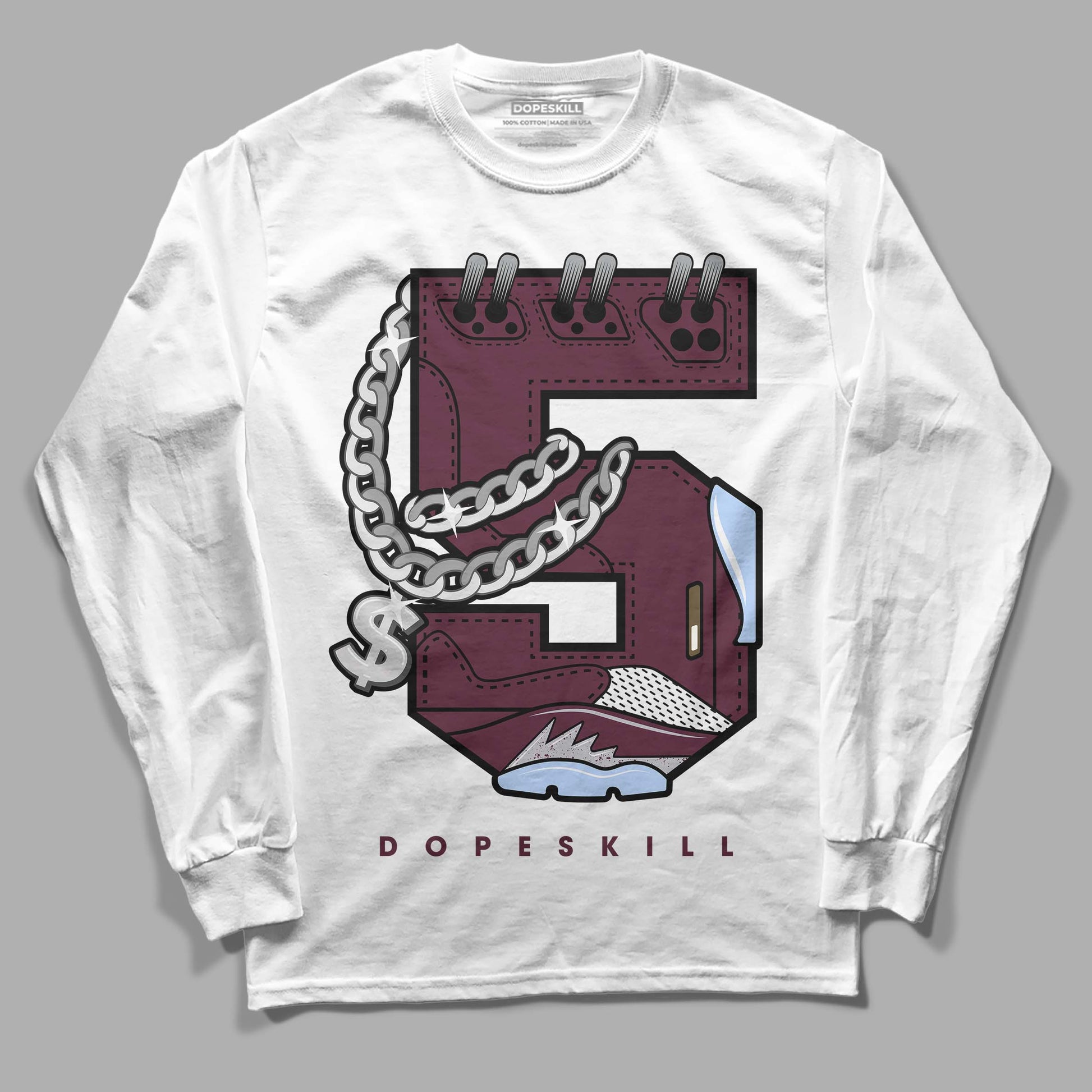 Jordan 5 Retro Burgundy (2023) DopeSkill Long Sleeve T-Shirt No.5 Graphic Streetwear - White