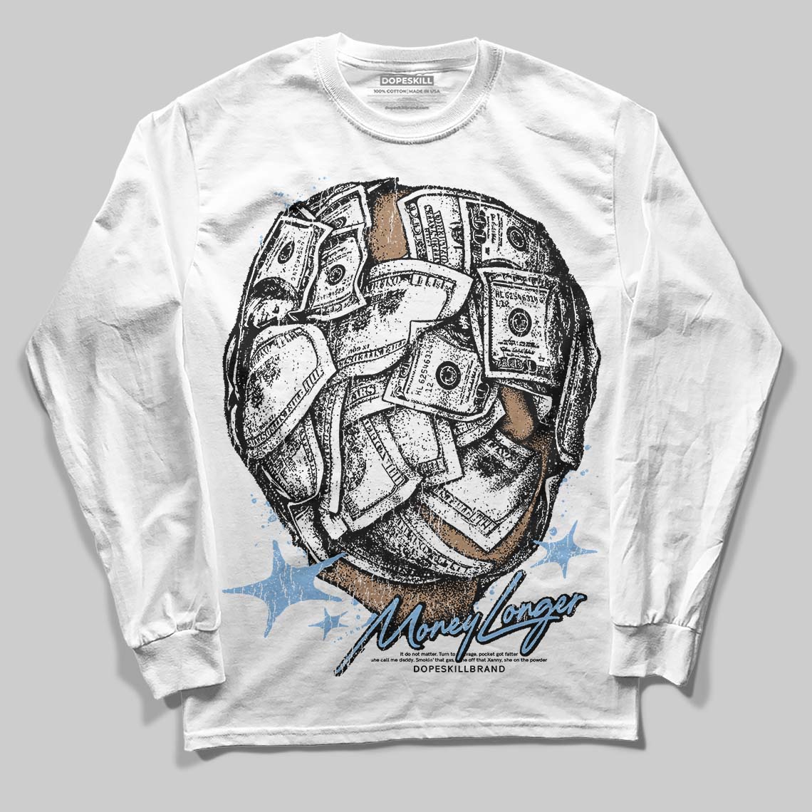 Jordan 6 University Blue DopeSkill Long Sleeve T-Shirt Money Longer Graphic Streetwear - White