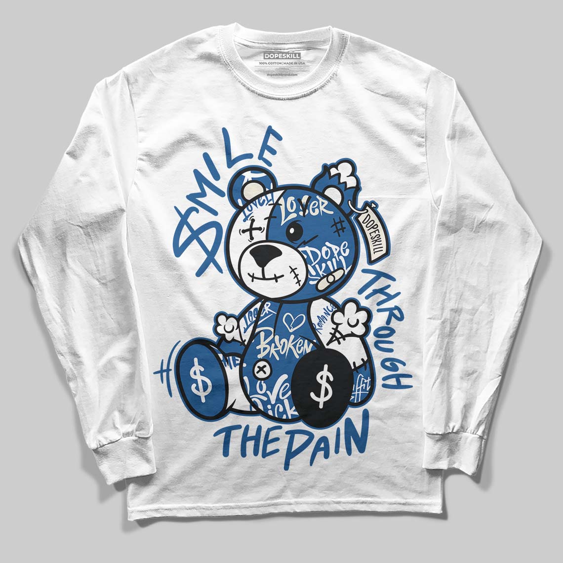Jordan 1 Low OG “Storm Blue” DopeSkill Long Sleeve T-Shirt Smile Through The Pain Graphic Streetwear - White