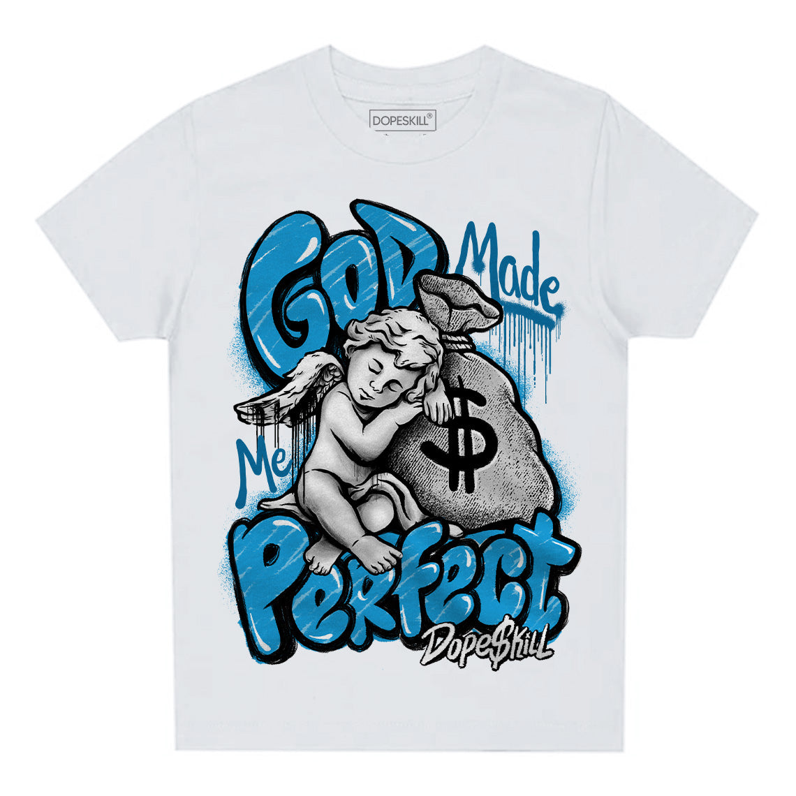 Jordan 4 Retro Military Blue DopeSkill Toddler Kids T-shirt God Made Me Perfect Graphic Streetwear - White