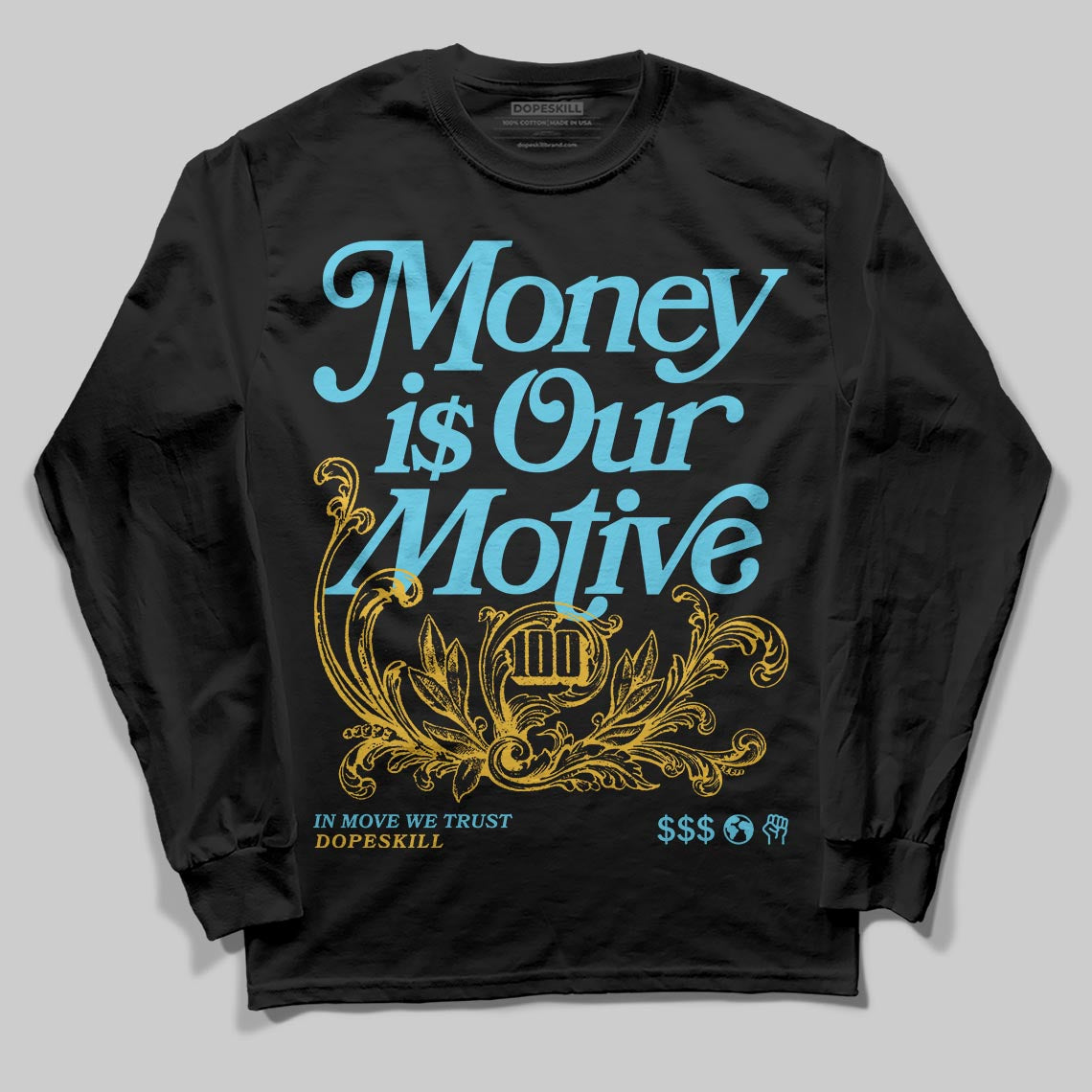 Jordan 11 Retro Gamma Blue (2025) DopeSkill Long Sleeve T-Shirt Money Is Our Motive Typo Graphic Streetwear - Black
