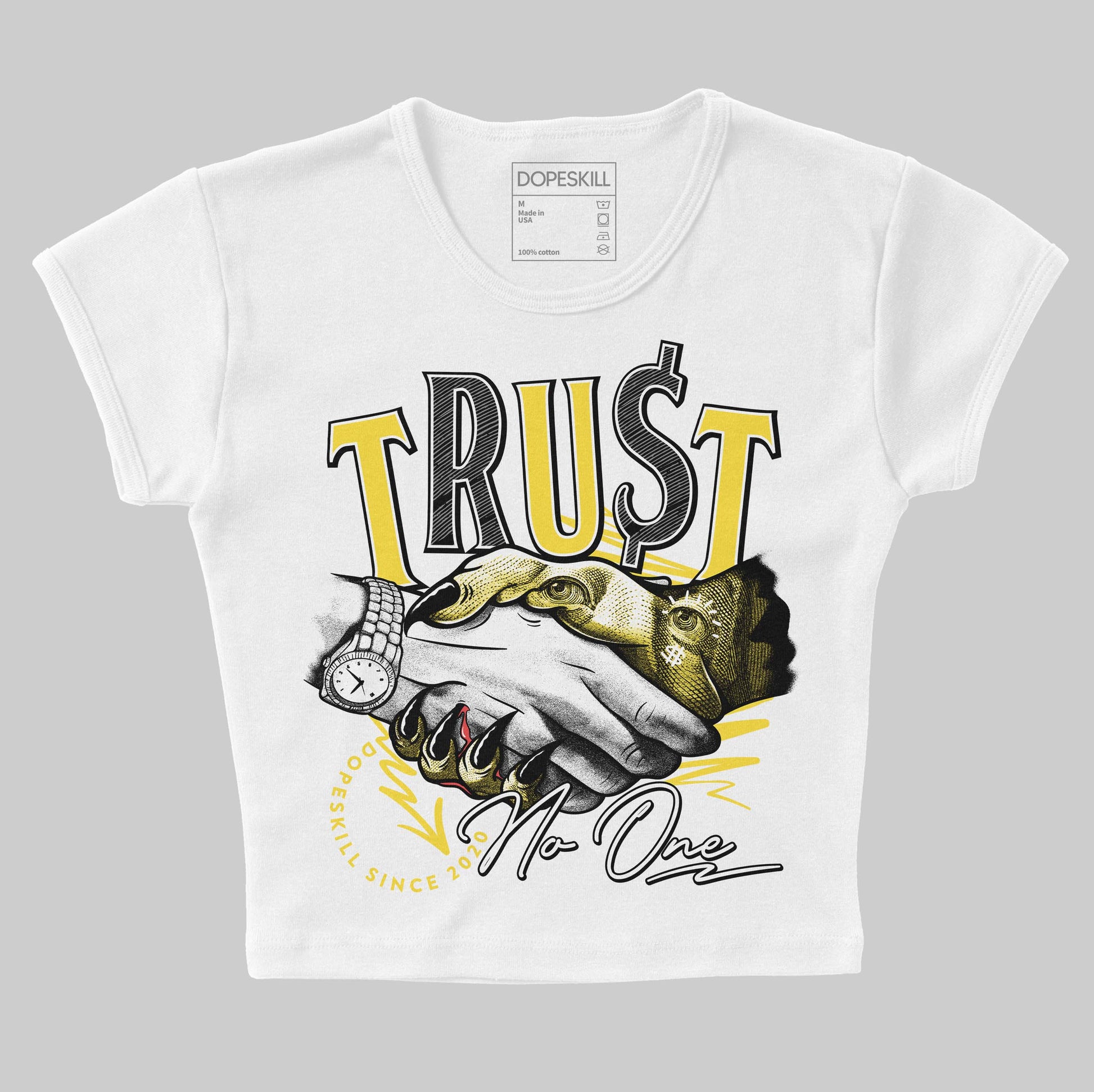 Jordan 11 Low 'Yellow Snakeskin' DopeSkill Women's Crop Top Trust No One Graphic Streetwear - White 