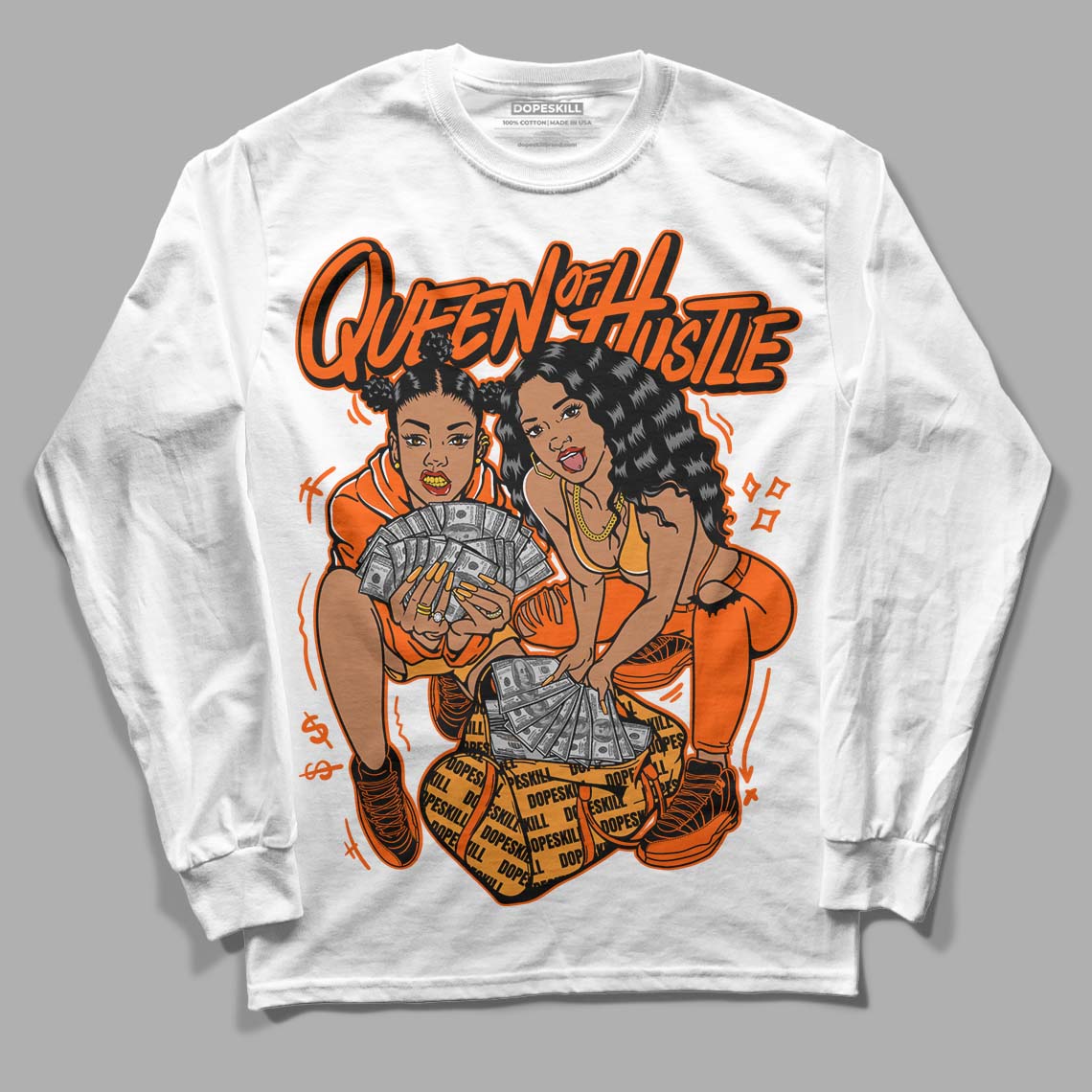 Jordan 12 Retro Brilliant Orange DopeSkill Long Sleeve T-Shirt Queen Of Hustle Graphic Streetwear - White