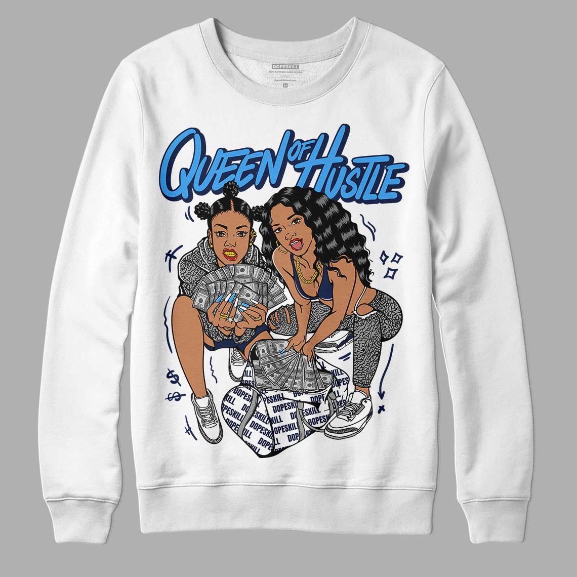 Jordan 3 "Midnight Navy" DopeSkill Sweatshirt Queen Of Hustle Graphic Streetwear - White 