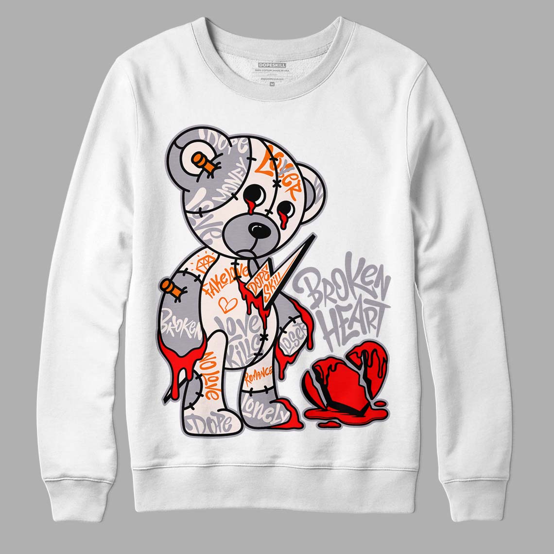 Jordan 2 Cement Grey DopeSkill Sweatshirt Broken Heart Graphic Streetwear - White