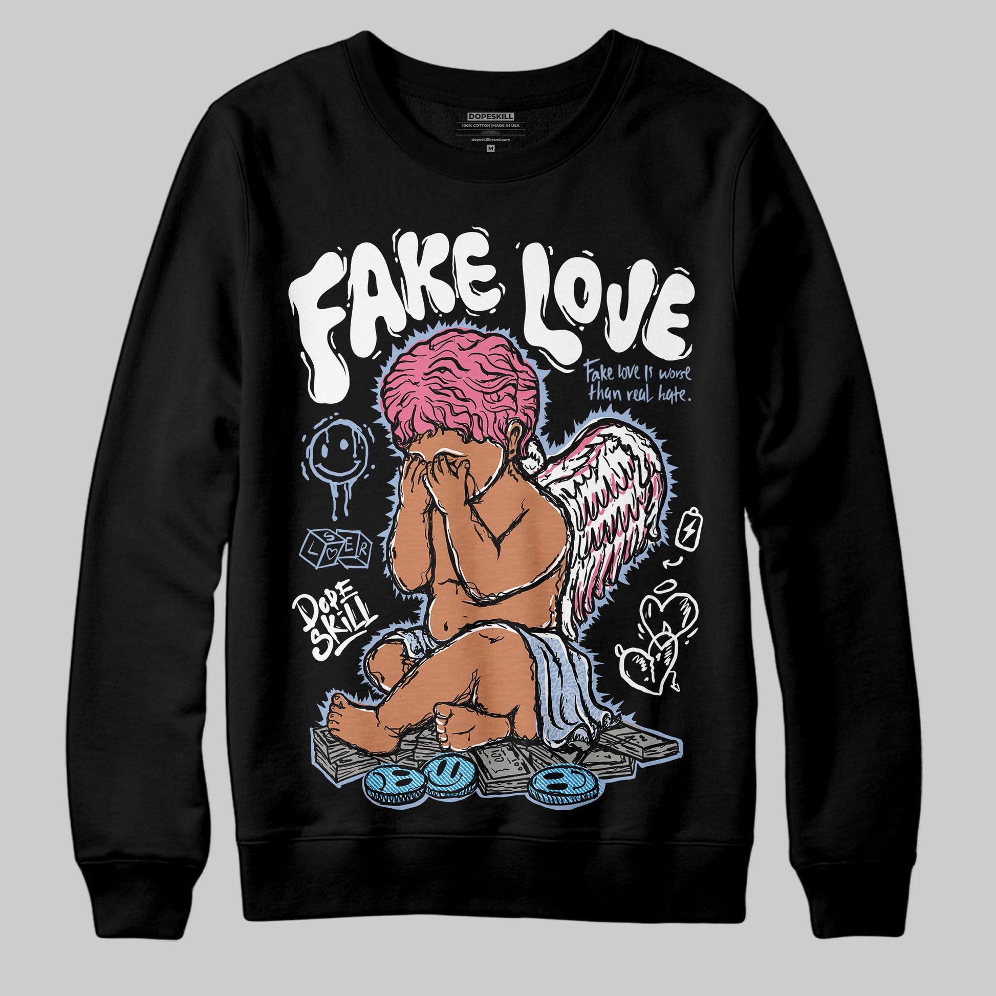 Jordan 3 GS “Denim/Pink Glow” DopeSkill Sweatshirt False Love Graphic Streetwear - Black