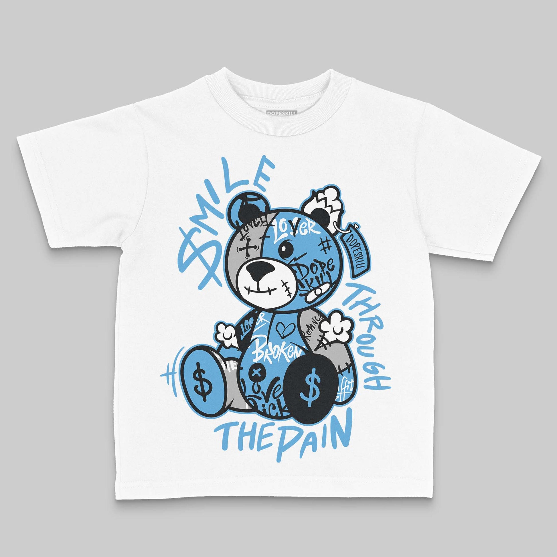 Jordan 14 Retro Black and University Blue DopeSkill Toddler Kids T-shirt Smile Through The Pain Graphic Streetwear - White