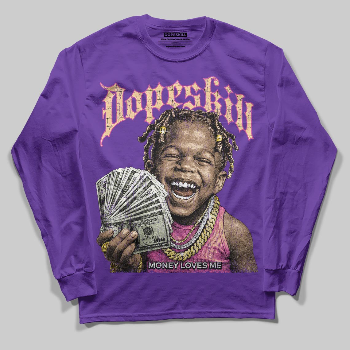 PURPLE Sneakers DopeSkill Long Sleeve T-Shirt Money Loves Me Graphic Streetwear - Purple 