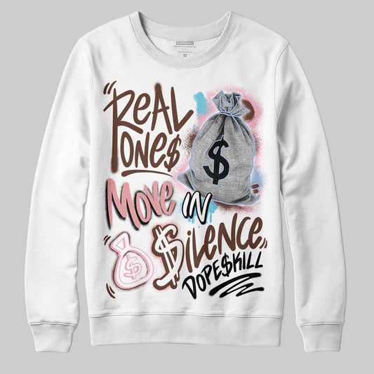 Harris Tweed x Dunk Low Denim Turquoise and Baroque Brown DopeSkill Sweatshirt Real Ones Move In Silence Graphic Streetwear - White