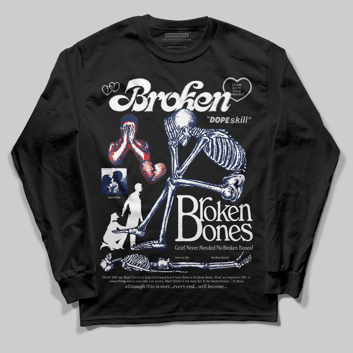 Jordan 4 SB “Summit White/Navy” DopeSkill Long Sleeve T-Shirt Broken Bones Graphic Streetwear - Black