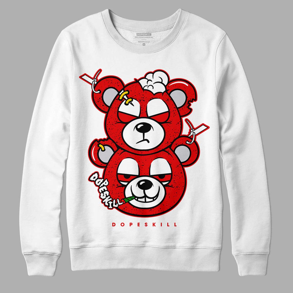 Jordan 4 Retro Red Cement DopeSkill Sweatshirt New Double Bear Graphic Streetwear - White 