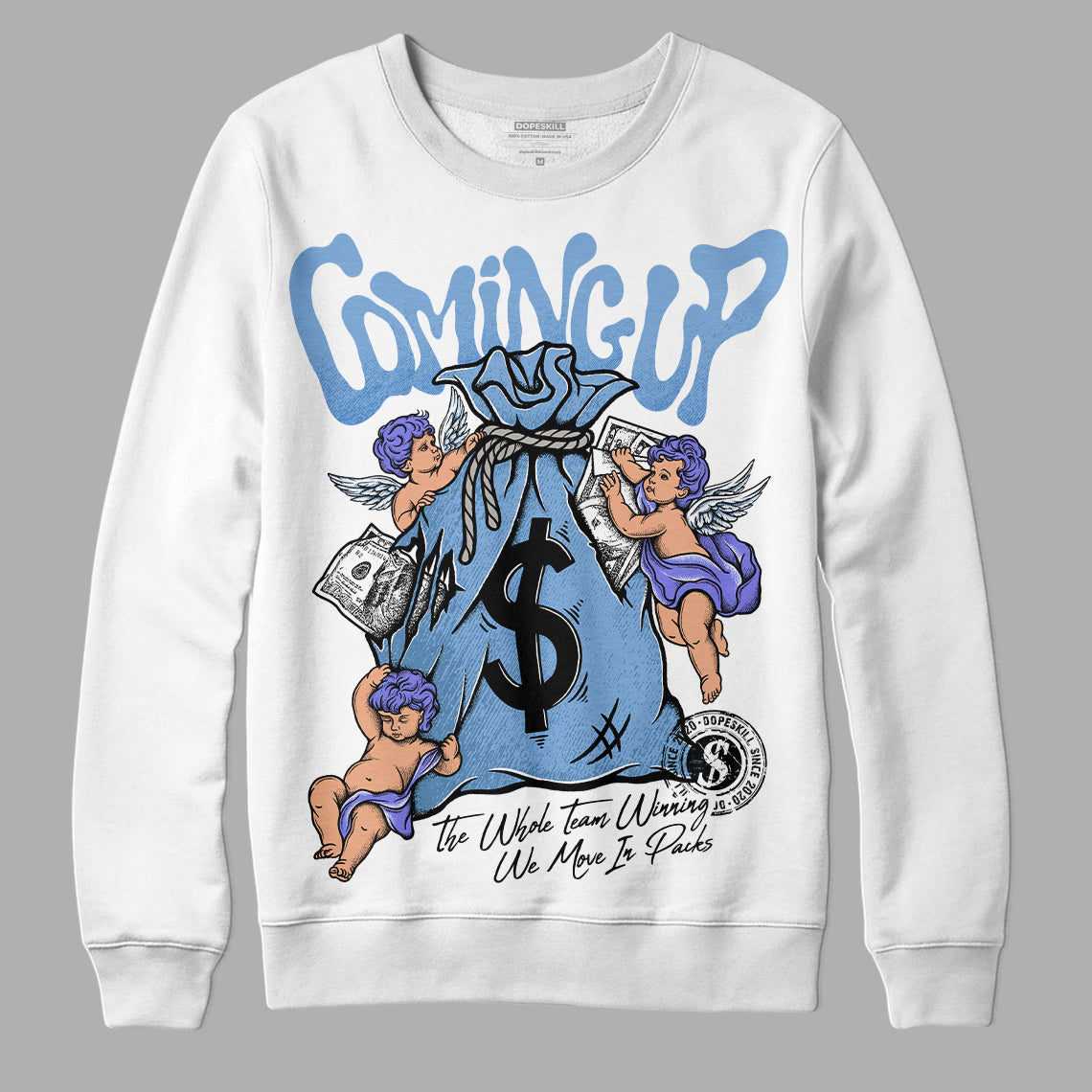 Jordan 5 Retro University Blue DopeSkill Sweatshirt Money Bag Coming Up Graphic Streetwear - White 