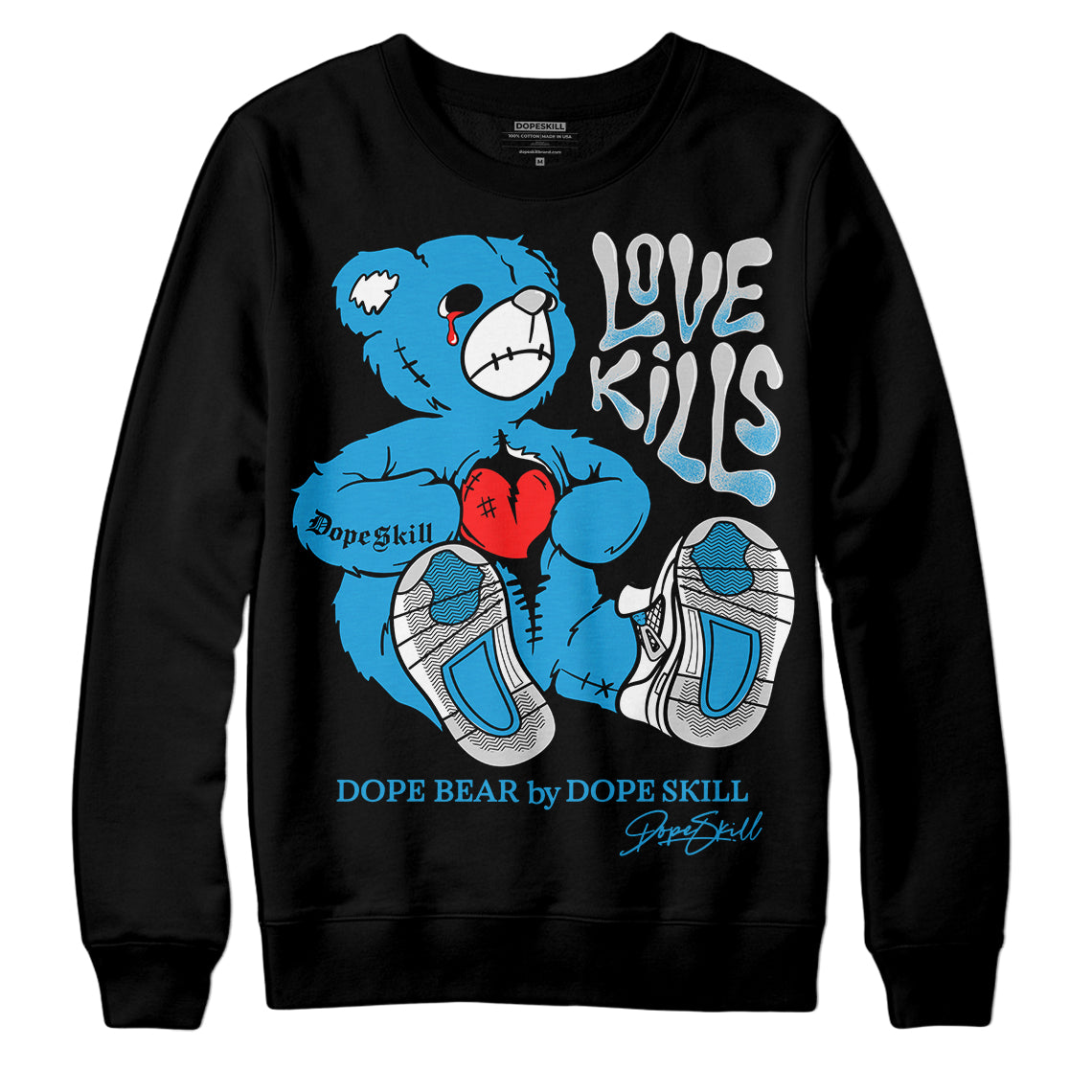 Jordan 4 Retro Military Blue DopeSkill Sweatshirt Love Kills Graphic Streetwear - Black