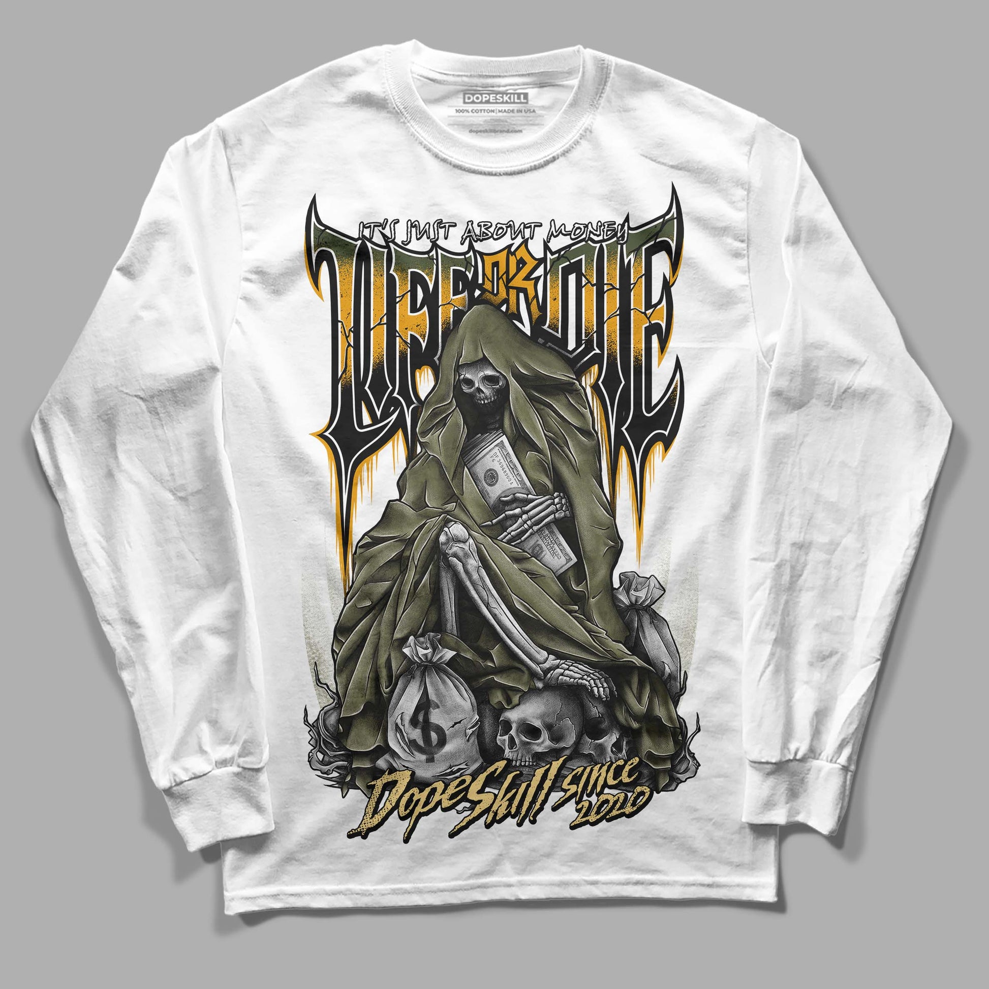 Jordan 4 Retro SE Craft Medium Olive DopeSkill Long Sleeve T-Shirt Life or Die Graphic Streetwear - White