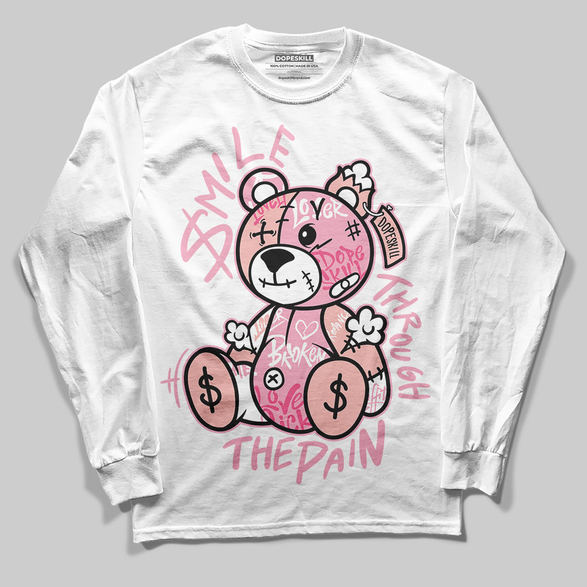 AMIRI White & Pink Stars Court Sneakers DopeSkill Long Sleeve T-Shirt Smile Through The Pain Graphic Streetwear - White