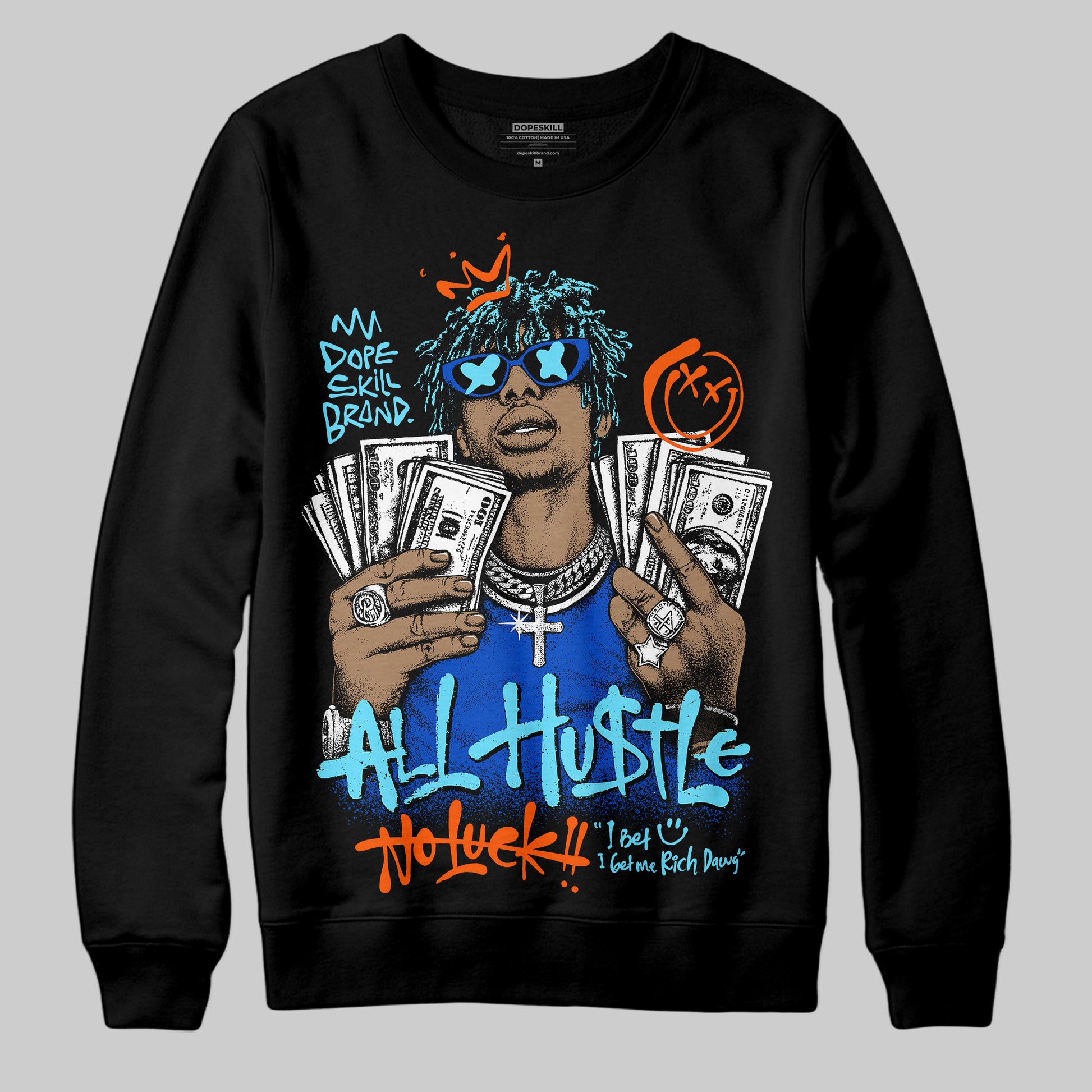 Royal Blue Sneakers DopeSkill Sweatshirt All Hustle No Luck Graphic Streetwear - Black