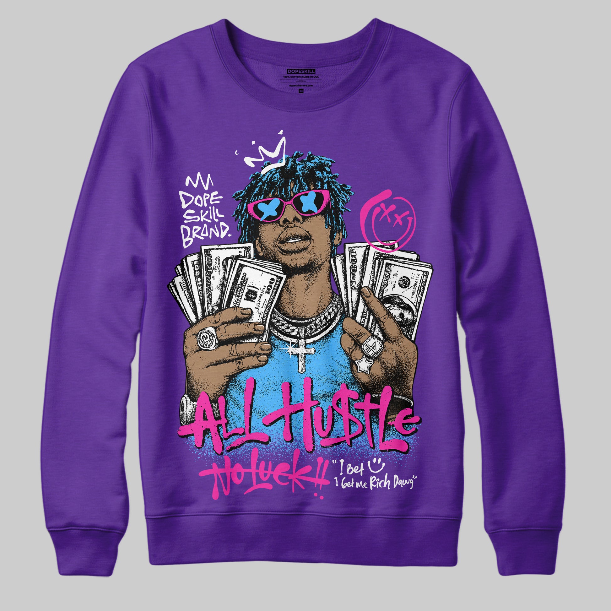 PURPLE Sneakers DopeSkill Sweatshirt All Hustle No Luck Graphic Streetwear - Purple