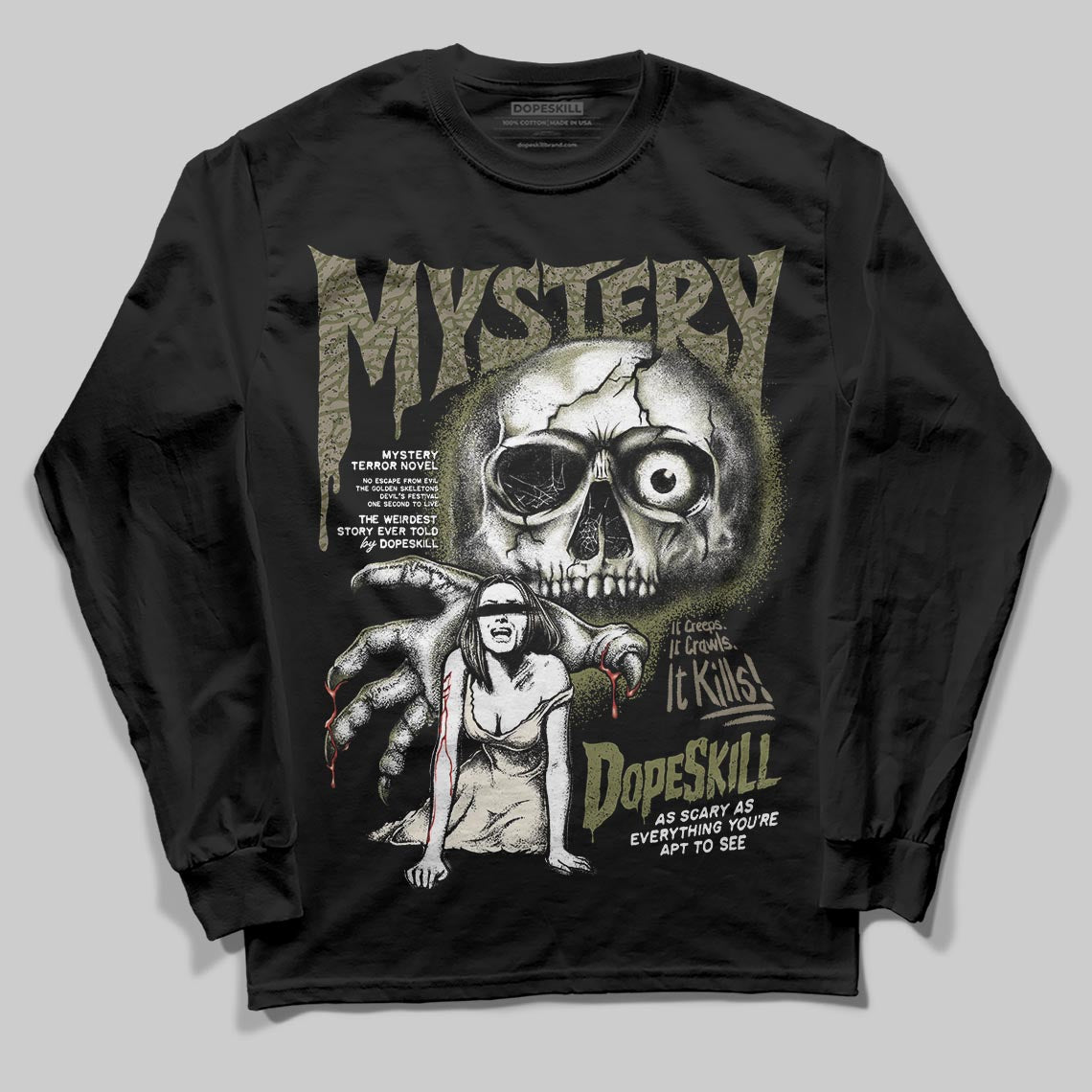Jordan 3 “Medium Olive” aka “Family Affair” DopeSkill Long Sleeve T-Shirt Mystery Ghostly Grasp Graphic Streetwear - black