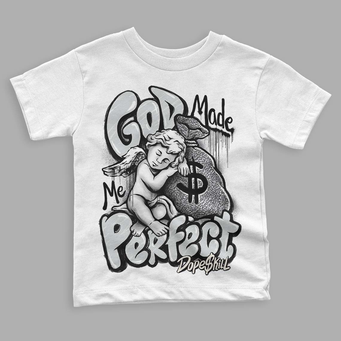 Jordan 1 Retro Low OG Black Cement DopeSkill Toddler Kids T-shirt God Made Me Perfect Graphic Streetwear - White