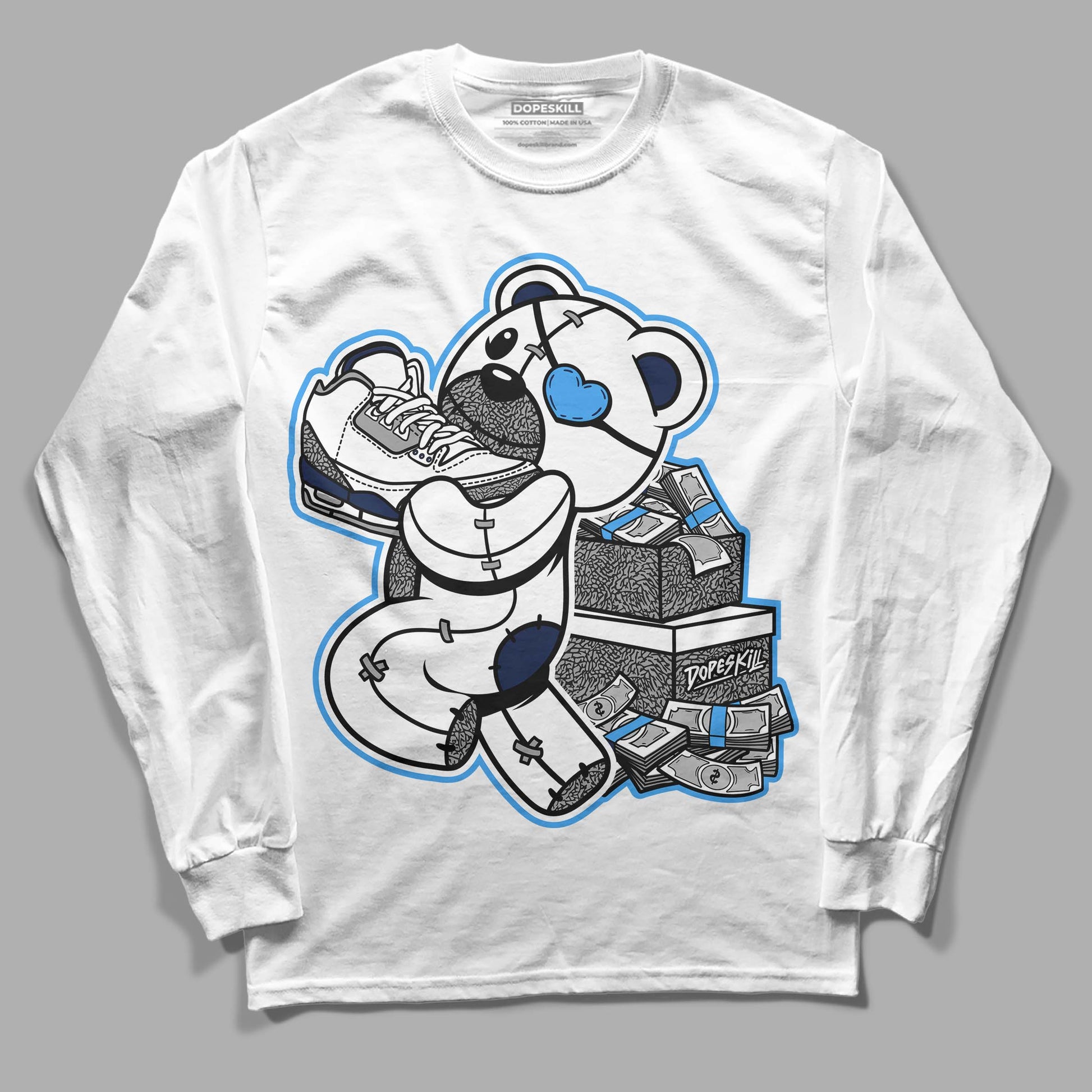 Jordan 3 "Midnight Navy" DopeSkill Long Sleeve T-Shirt Bear Steals Sneaker Graphic Streetwear - White