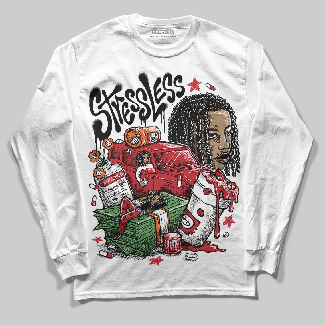 Jordan 5 Retro Fire Red Black Tongue (2025) DopeSkill Long Sleeve T-Shirt Stressless Graphic Streetwear - White