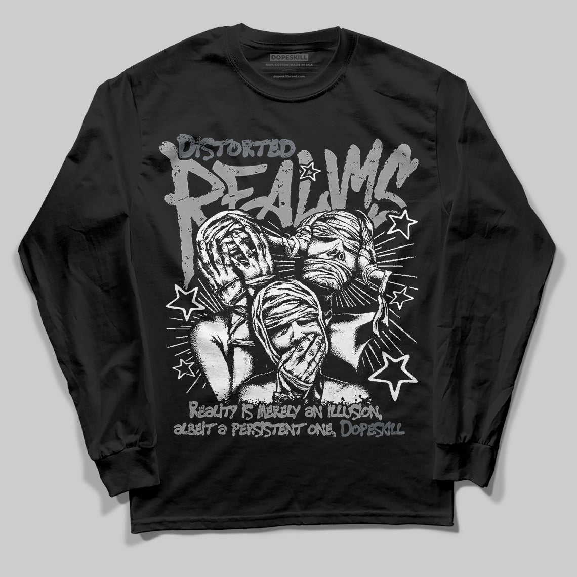 Jordan 5 Retro Wolf Grey (2026) DopeSkill Long Sleeve T-Shirt Distorted Realms Graphic Streetwear - Black