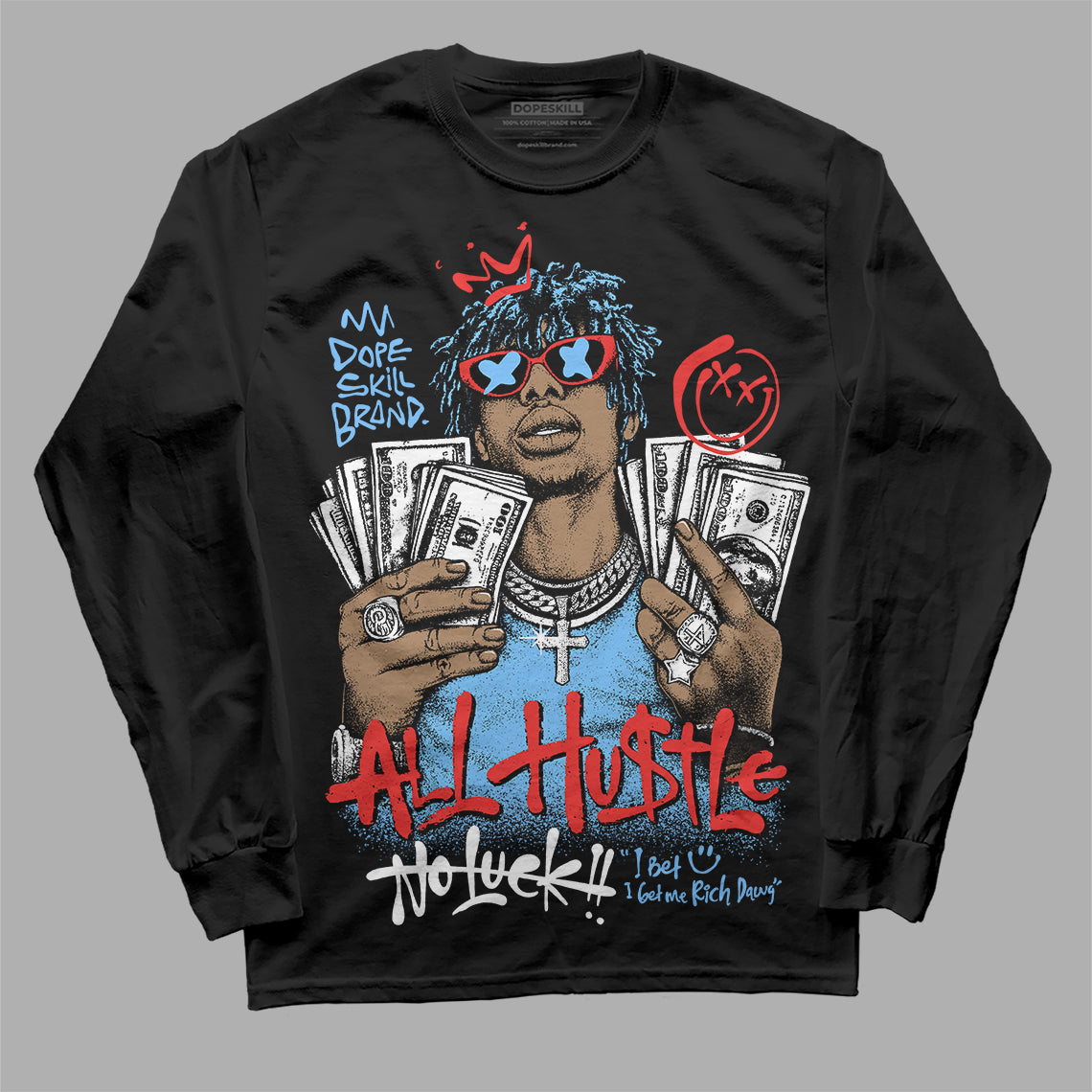 University Blue Sneakers DopeSkill Long Sleeve T-Shirt All Hustle No Luck Graphic Streetwear - Black